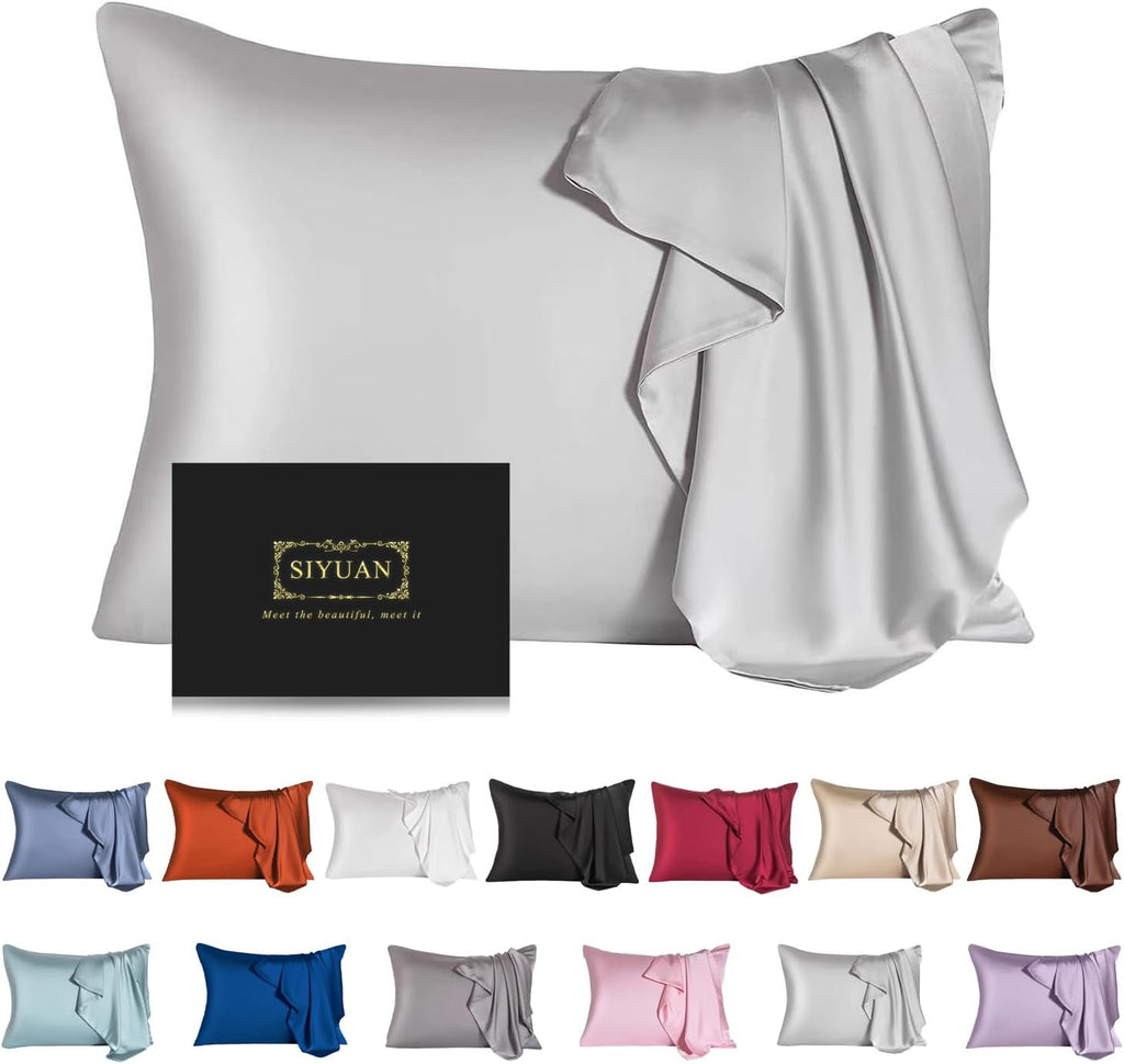 Mulberry Silk Pillowcase for Hair and Skin,Queen Size Cooling Silk Pillow Case with Hidden Zipper,Allergen Proof Dual Sides Soft Breathable Smooth Silk Pillow Cover for Women.(Queen,Light Gray)