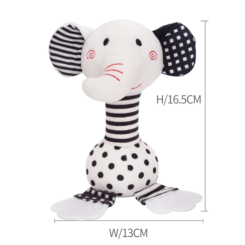 Black & White Elephant Baby Toys 0-12 Months - Plush Sensory Rattle with Teether, Wind Chime, BB Squeaker & Embroidery for Visual, Hearing & Cognitive Development