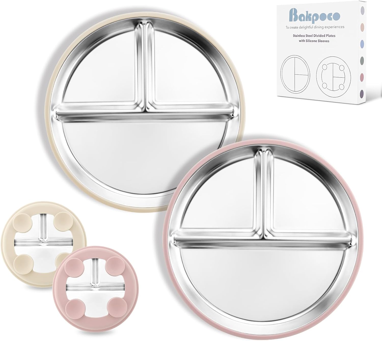 Stainless Steel Baby Plate with Suction, 8” Divided Toddler Plates with Removable Silicone Sleeves for Kids, Non-Toxic Non-Slip Unbreakable Dishwasher Safe Dinnerware Set of 2, Pink & Beige