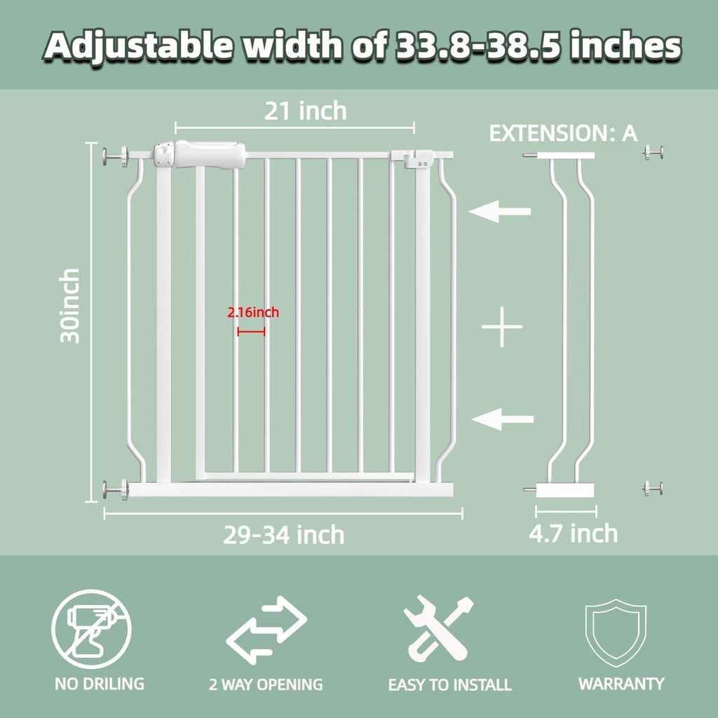 TSAYAWA Extra Wide Baby Gate with Door,33.8-38.5 Inch Walk Through Large Long Child Gates for Stair Doorway - Indoor Outdoor Safty Gate for Toddler Pet Dog Doggie White