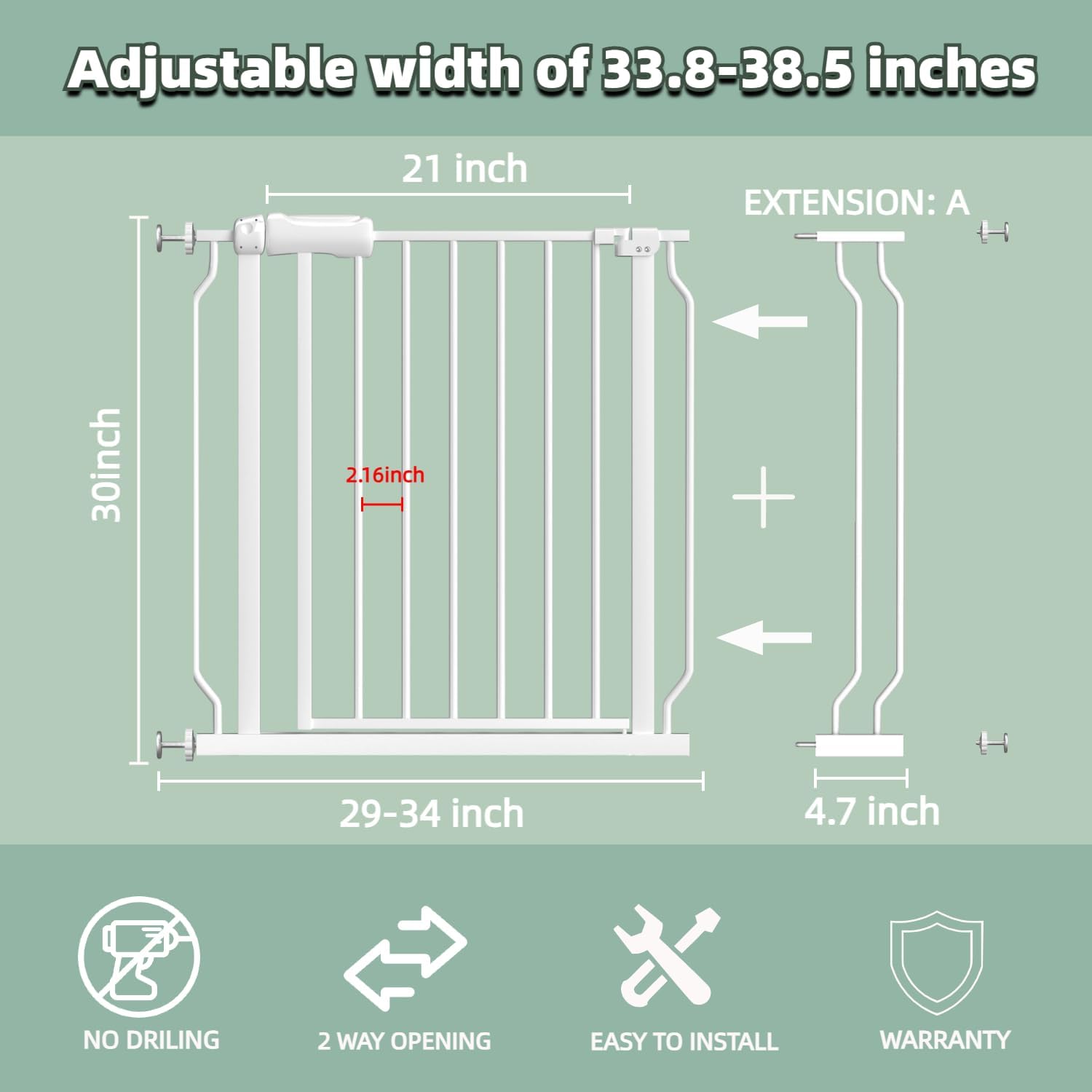 TSAYAWA Extra Wide Baby Gate with Door,33.8-38.5 Inch Walk Through Large Long Child Gates for Stair Doorway - Indoor Outdoor Safty Gate for Toddler Pet Dog Doggie White