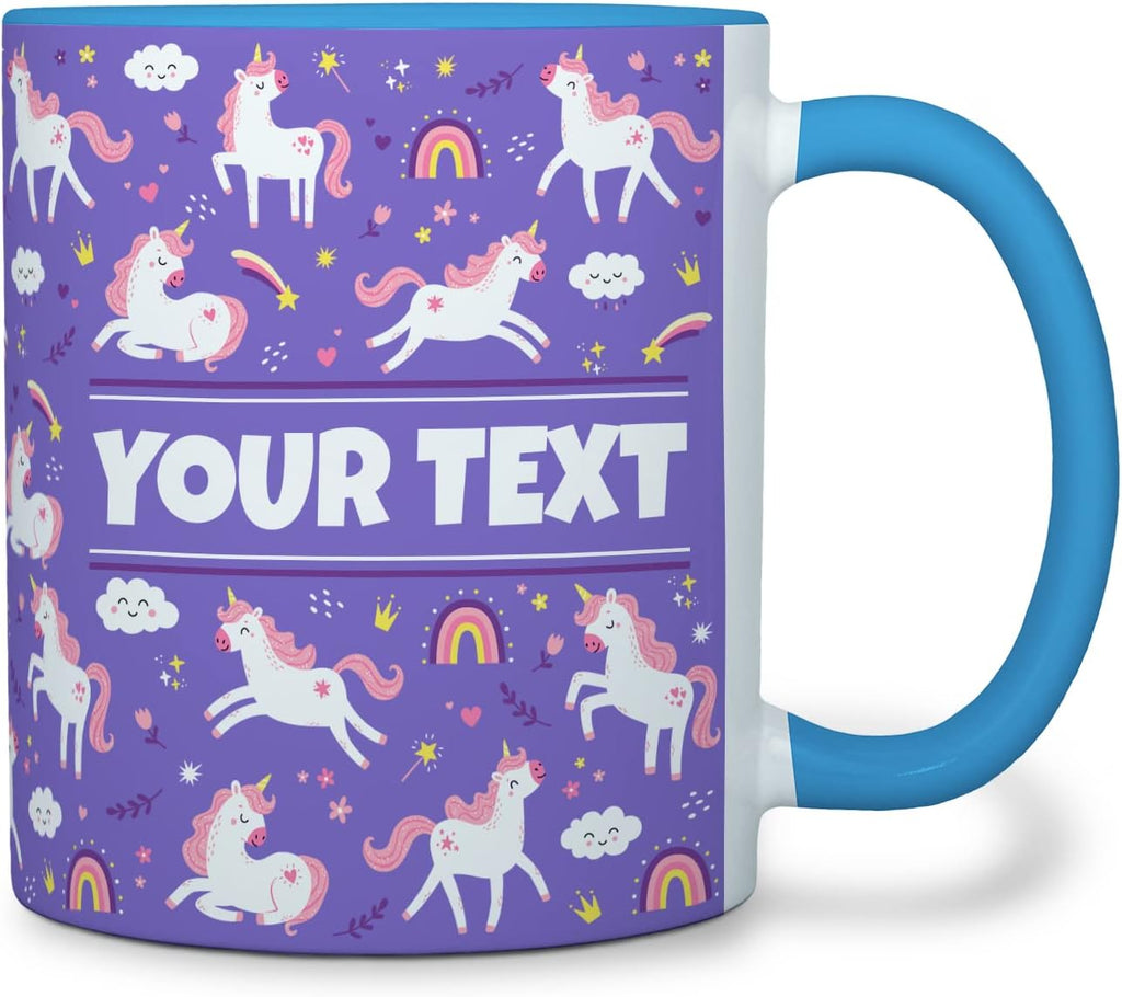 Personalized Mug for Kids - Purple Unicorn - Custom Name/Text, Ceramic Hot Chocolate/Cocoa/Coffee Cup for Girls, Birthday/Christmas/Holiday Gift - 11 oz, Light Blue Handle