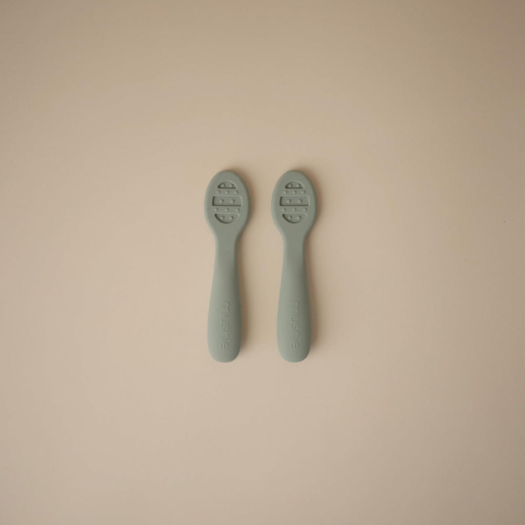 mushie Silicone First Feeding Baby Spoons | 2 Pack (Cambridge Blue/Shifting Sand)