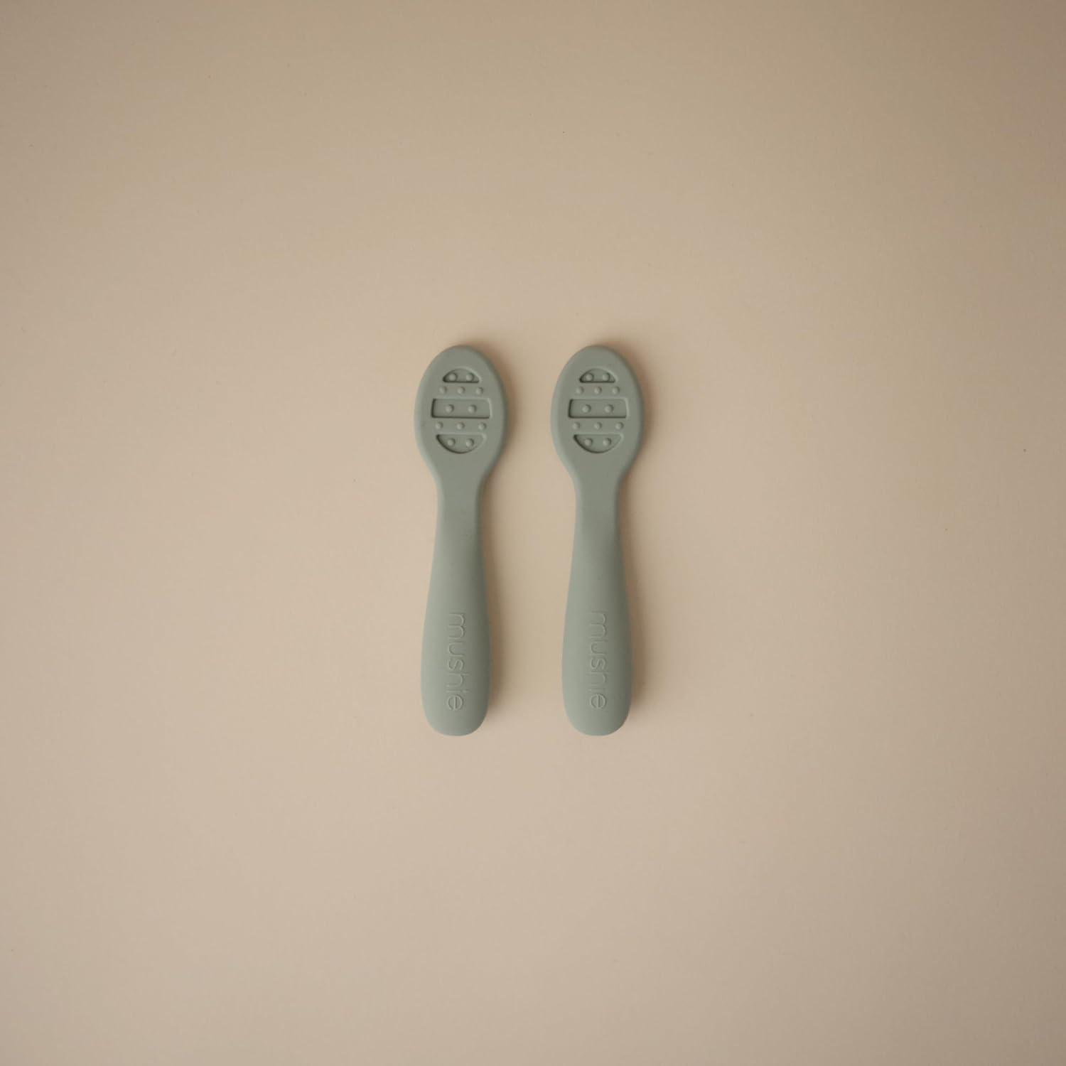 mushie Silicone First Feeding Baby Spoons | 2 Pack (Cambridge Blue/Shifting Sand)