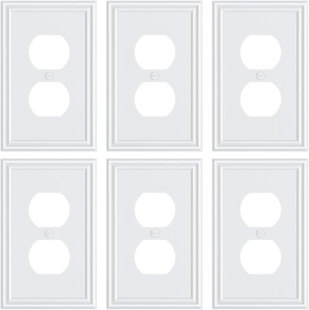 6-Pack Single Duplex Outlet Cover Plate, Decorative White Switch Plates and Outlet Covers, Metal Wall Plates for Electrical Outlets, 1 Gang Receptacle Cover, Corrosion Resistant