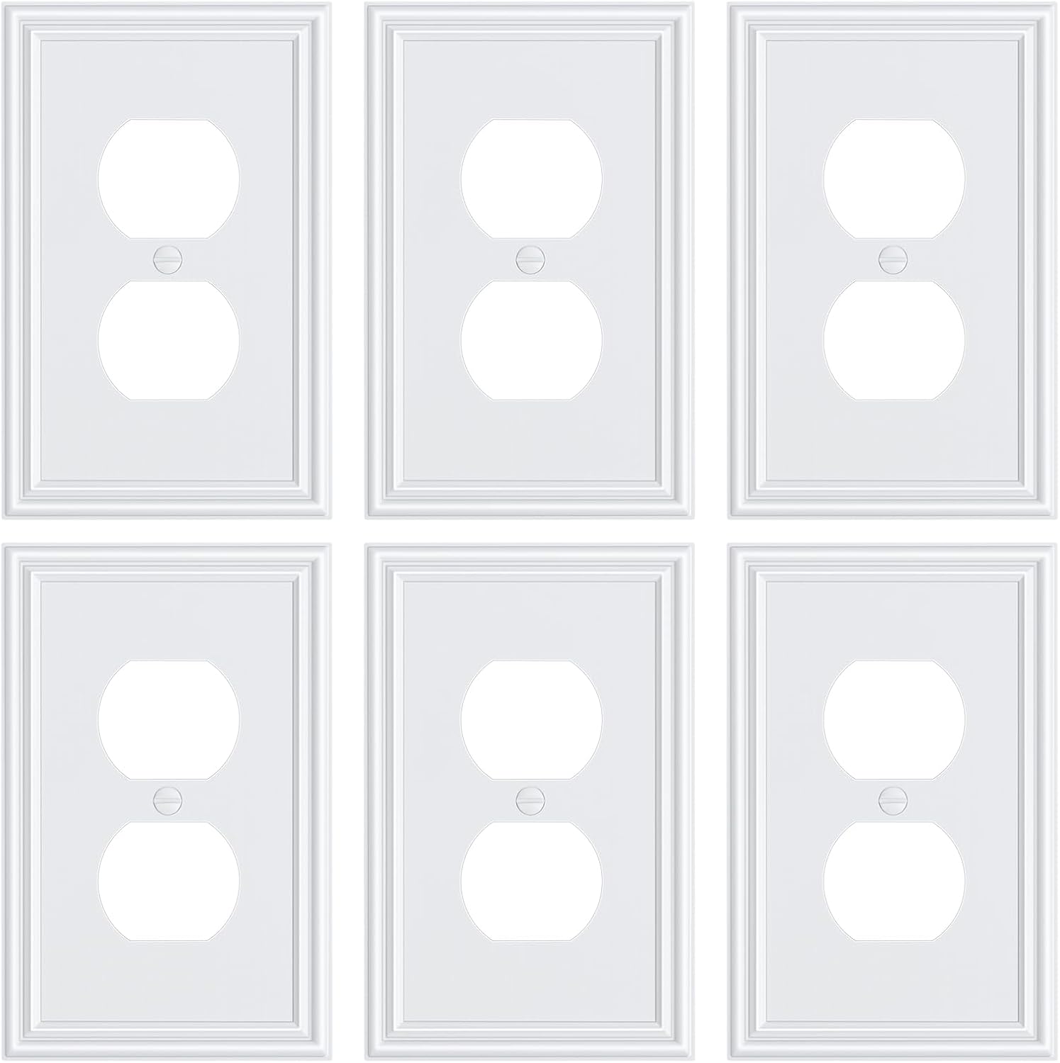 6-Pack Single Duplex Outlet Cover Plate, Decorative White Switch Plates and Outlet Covers, Metal Wall Plates for Electrical Outlets, 1 Gang Receptacle Cover, Corrosion Resistant