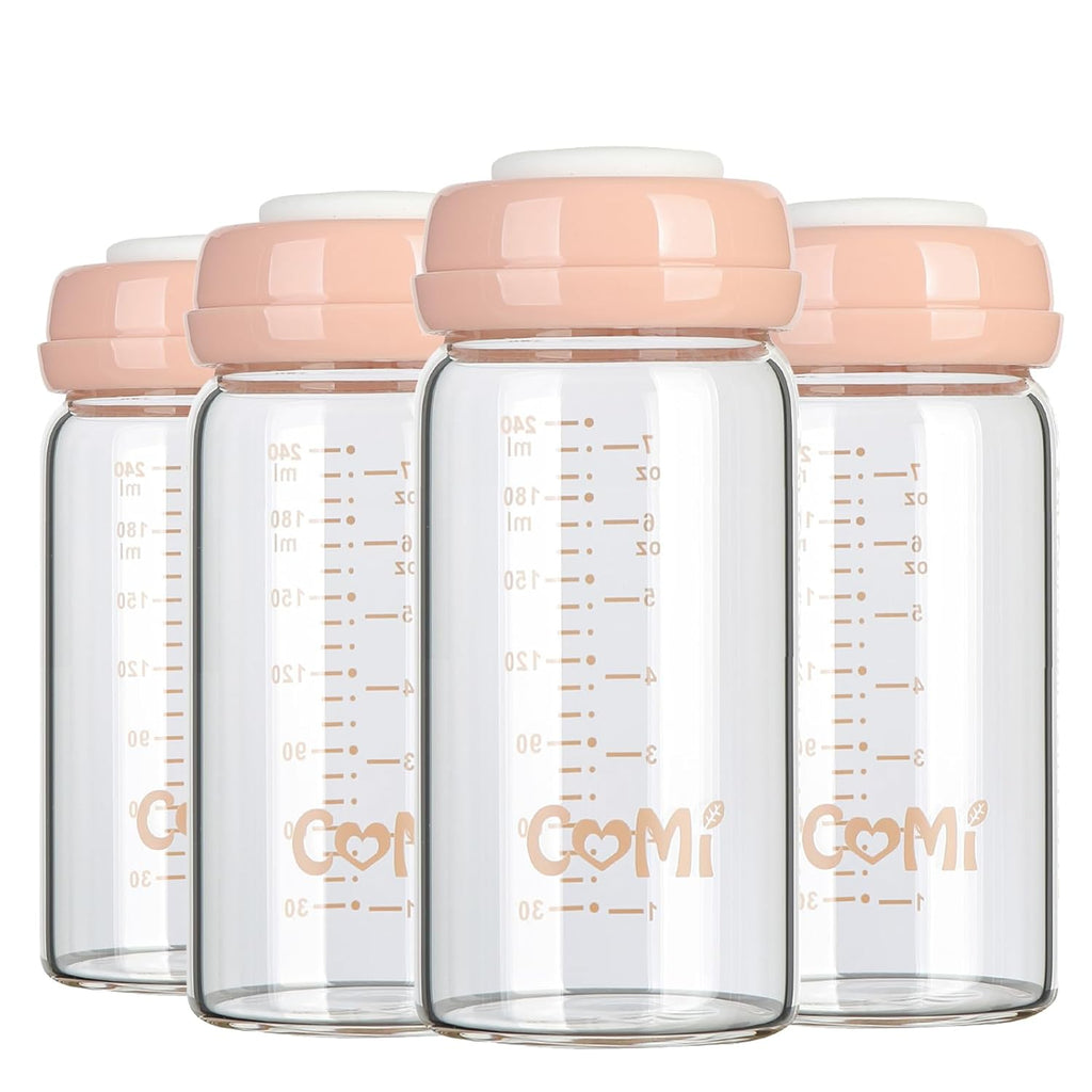 COMI Wide Neck Glass Breastmilk Collection n Storage Bottle, 8oz with Screw Ring Sealing Disk; Re-markable Sealing Disc. BPA Free, Fits Breast Pumps & Nipples (4 Pink Lids)