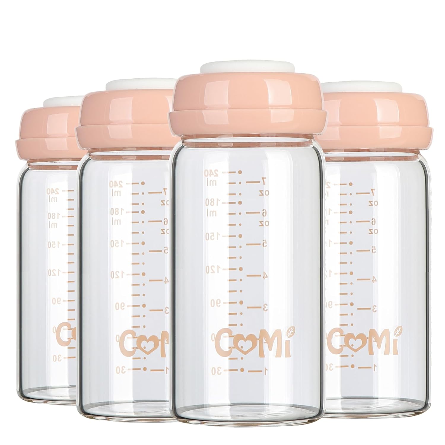COMI Wide Neck Glass Breastmilk Collection n Storage Bottle, 8oz with Screw Ring Sealing Disk; Re-markable Sealing Disc. BPA Free, Fits Breast Pumps & Nipples (4 Pink Lids)