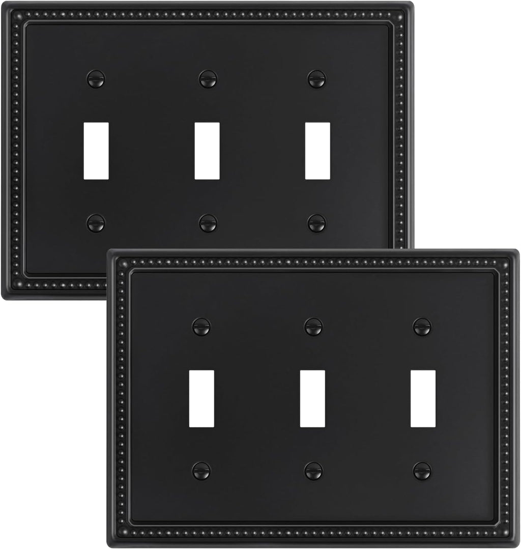 2-Pack Triple Toggle Light Switch Cover Plate, Pearls Decorative Switch Plate Covers, Black 3 Gang Metal Wall Plate, Corrosion Resistant