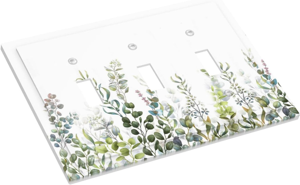 Green Eucalyptus Leaf Plant Herbs Springnature Decorative Switch Plates 3 Gang Wall Plate Triple Toggle Light Switch Cover Faceplate Electrical Wall Panels for Bed Room Living Room Decor