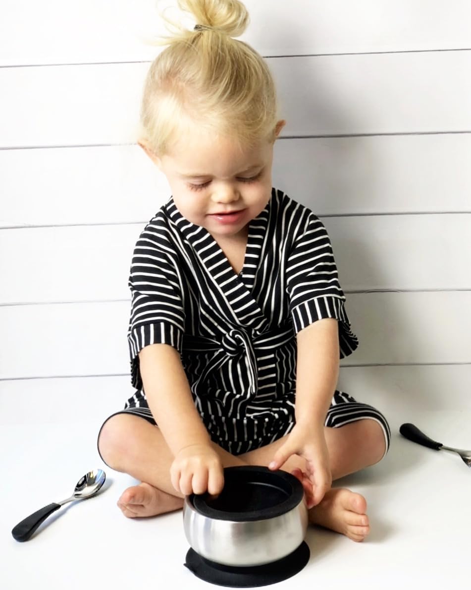 Avanchy Baby Spoons, Forks Stainless Steel and Silicone Set, Self Feeding Food Utensils, 4 Months Baby Led Weaning