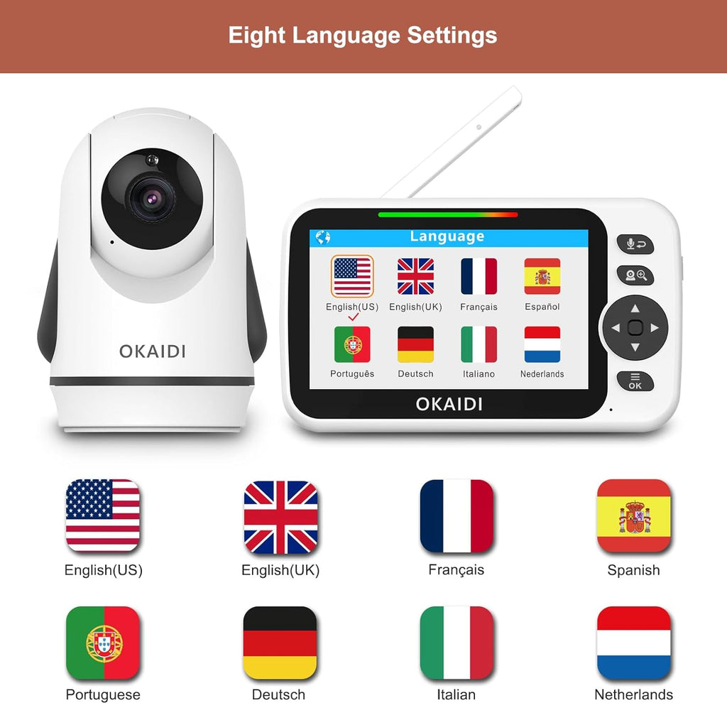 Video Baby Monitor with Camera and Audio, 5" Display Baby Monitor No WiFi, 30H Battery and 1000ft Range, Remote Pan-Tilt-Zoom Baby Camera, Night Vision, 2-Way Talk, ECO, Temperature, Lullaby