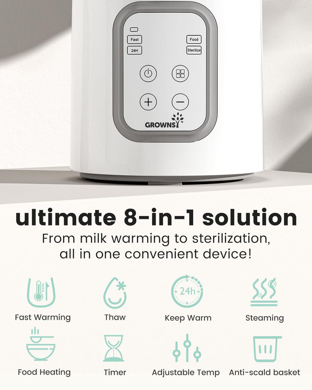 Bottle Warmer, GROWNSY 8-in-1 Fast Baby Milk Warmer with Timer for Breastmilk or Formula, Accurate Temperature Control, with Defrost, Sterili-zing, Keep, Heat Baby Food Jars Function