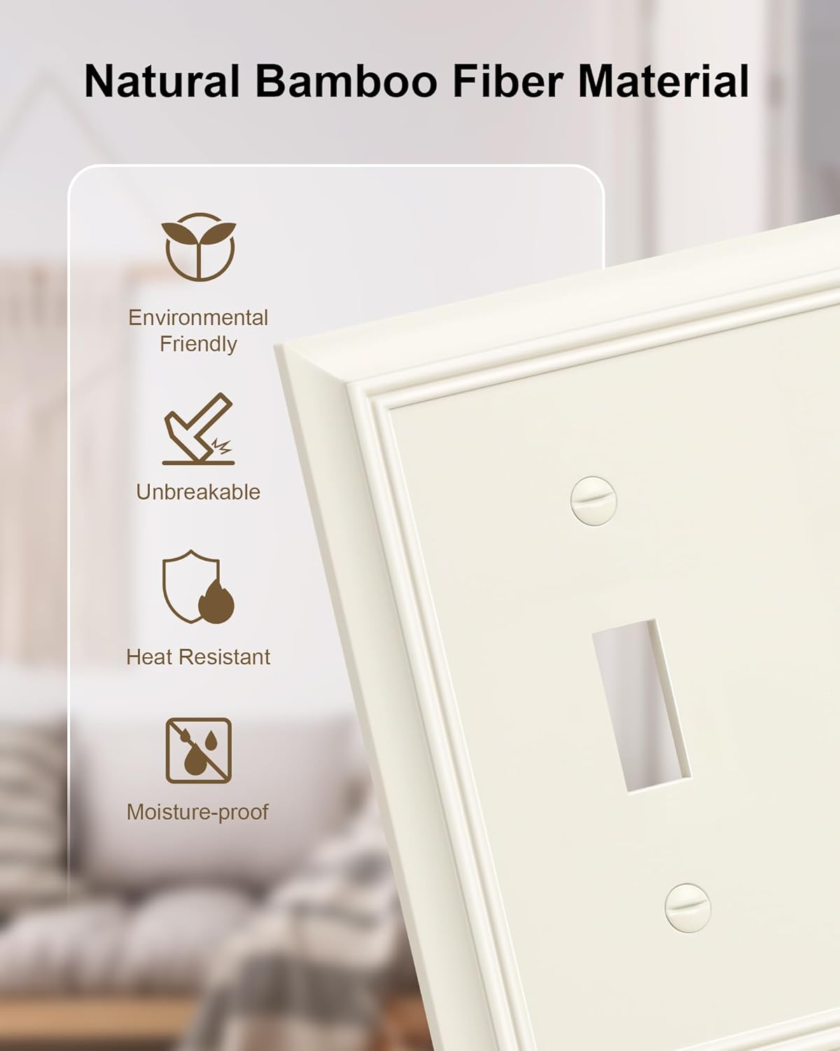 2-Pack Triple Toggle Light Switch Cover Plate, Durable Natural Bamboo Fiber Decorative Switch Plate Covers, Light Almond 3 Gang Wall Plate, Corrosion Resistant