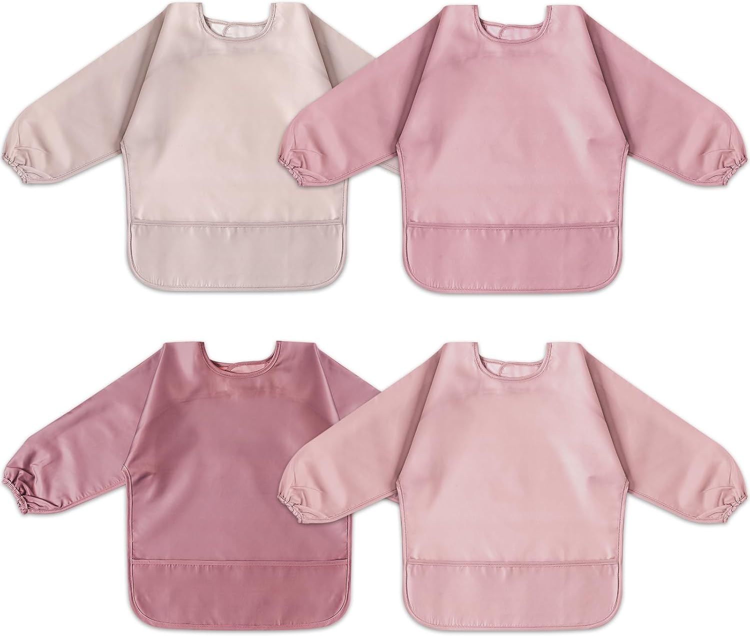 4 Pack Long Sleeve Bib, Waterproof Sleeved Smock for Baby Boy or Girl, Reusable Bib with Pocket, Ages 6-24 Months