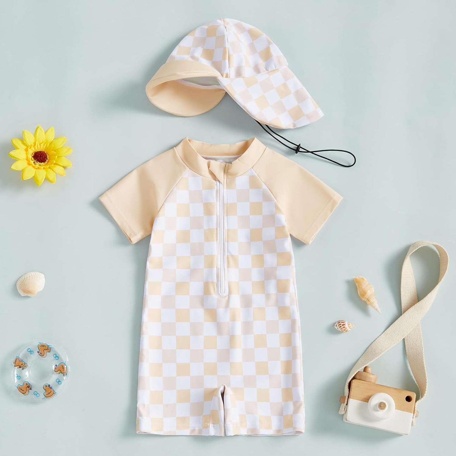 MAYUMMPY Baby Boys Girls Swimwear Casual Zipper One Pieces Rash Guard Swimsuit and Hat Beachwear Bathing Suit