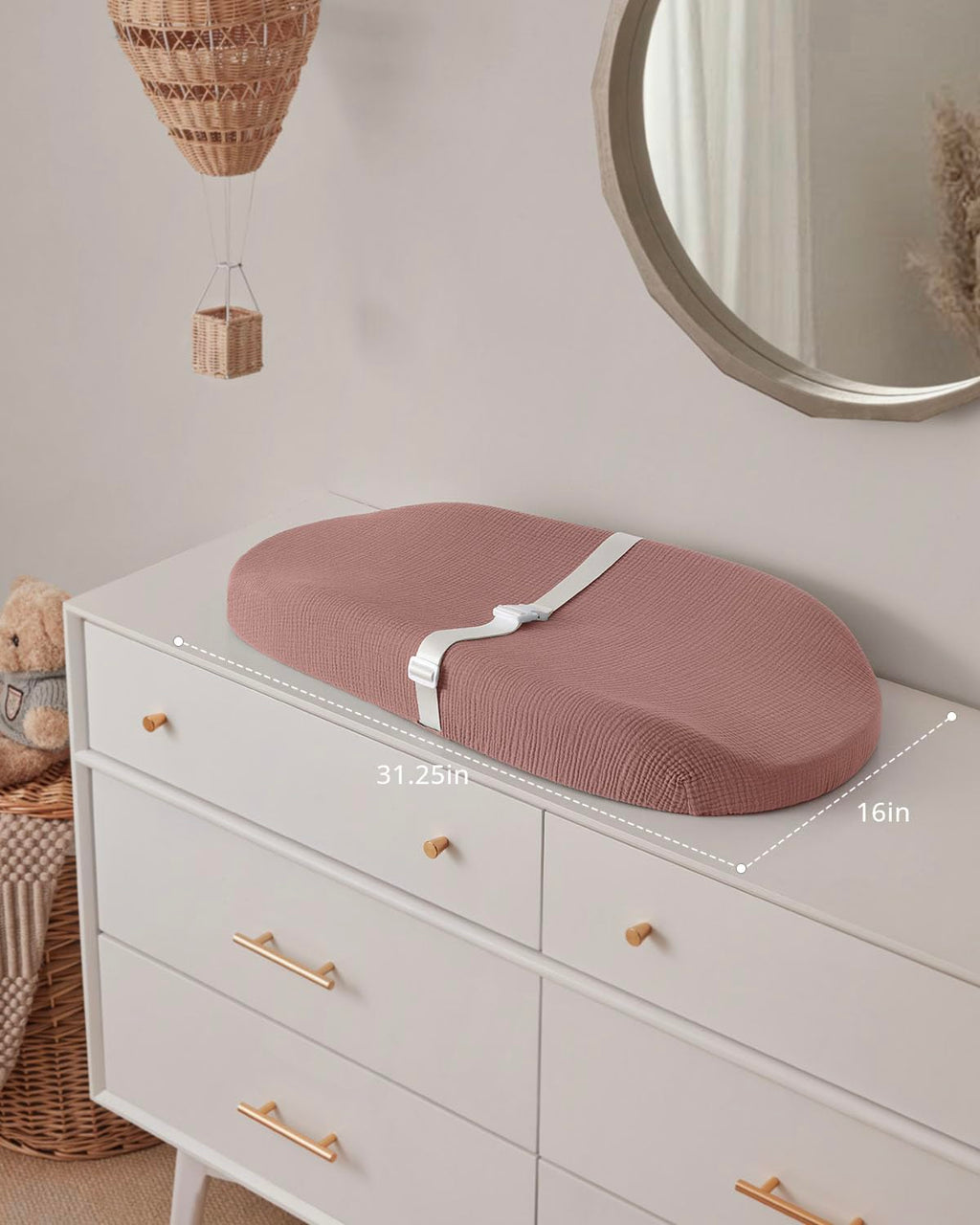 Blissful Diary Muslin Baby Changing Pad with Waterproof Lining Foam, Diaper Changing Table Pad with Cover for Dressers (Dusty Pink, Avocado)