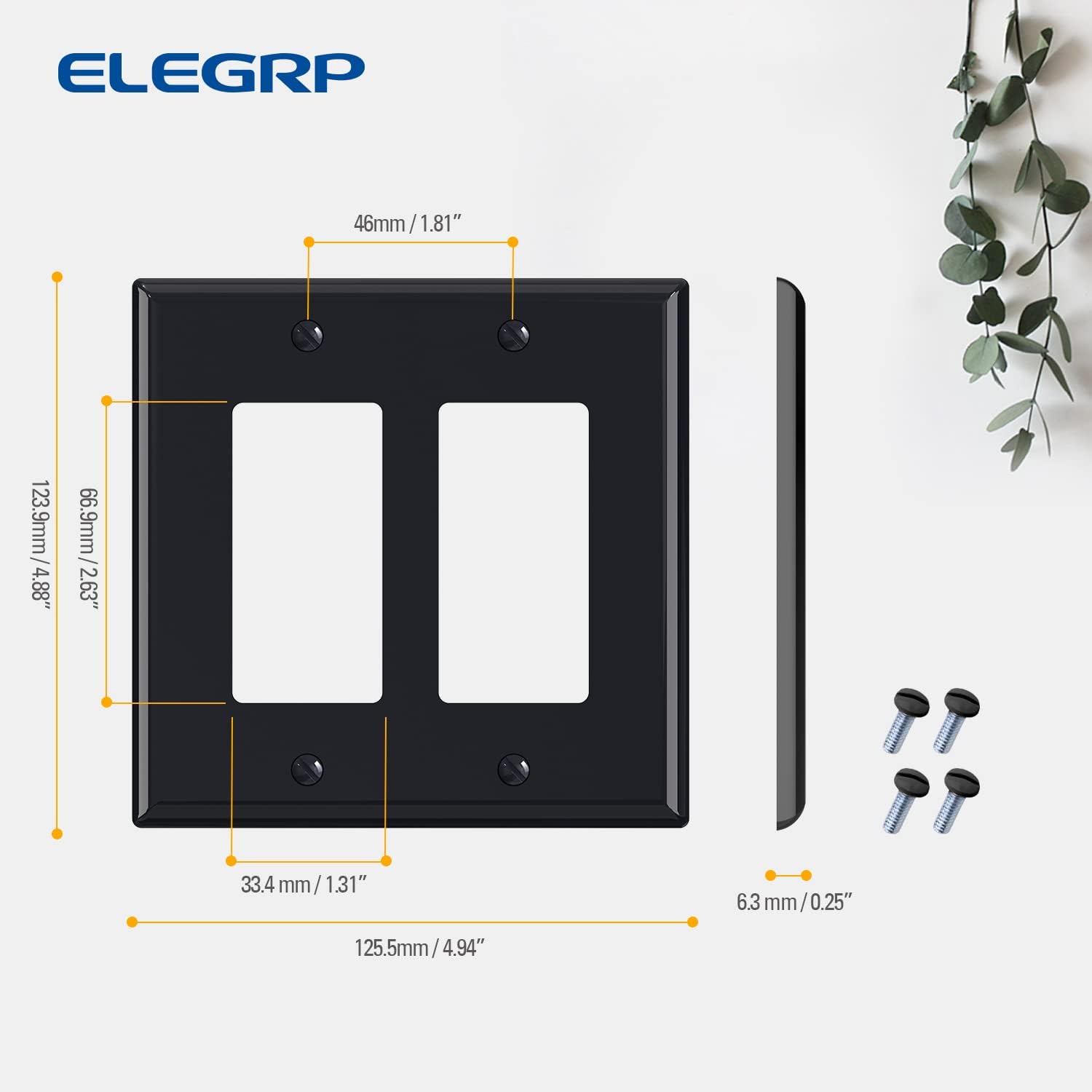 ELEGRP 2-Gang Decorative Wall Plates, Mid-Size 4.88" H x 4.94" L Unbreakable Thermoplastic Faceplate Cover for Decorator Receptacle Outlet Switch, UL Listed (2 Pack, Glossy Black)