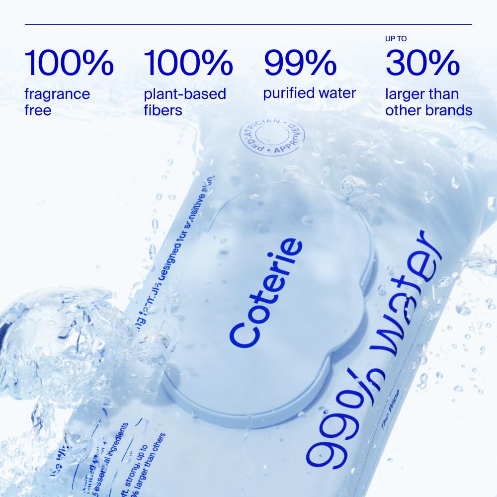 Coterie Baby Wipes for Sensitive Skin, Plant-Based and Plastic-Free Fibers, 99% Water, Hypoallergenic, pH Balanced, Unscented, Clean and Gentle Baby Essentials, 12 Pack, 672 Count