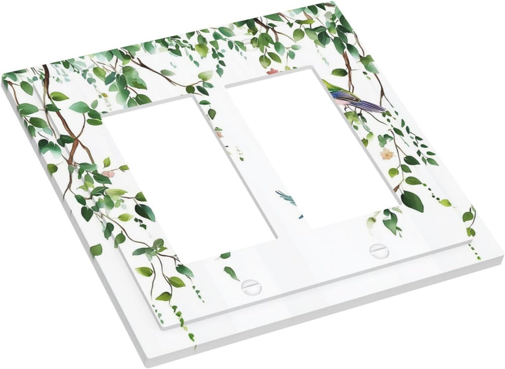 Decorative Outlet Covers Green Leaves Bird Eucalyptus Sage Plant 2 Gang Double Gfci Rocker Electrical Wall Panels Light Switch Cover Plate For Bed Room Living Room Decor