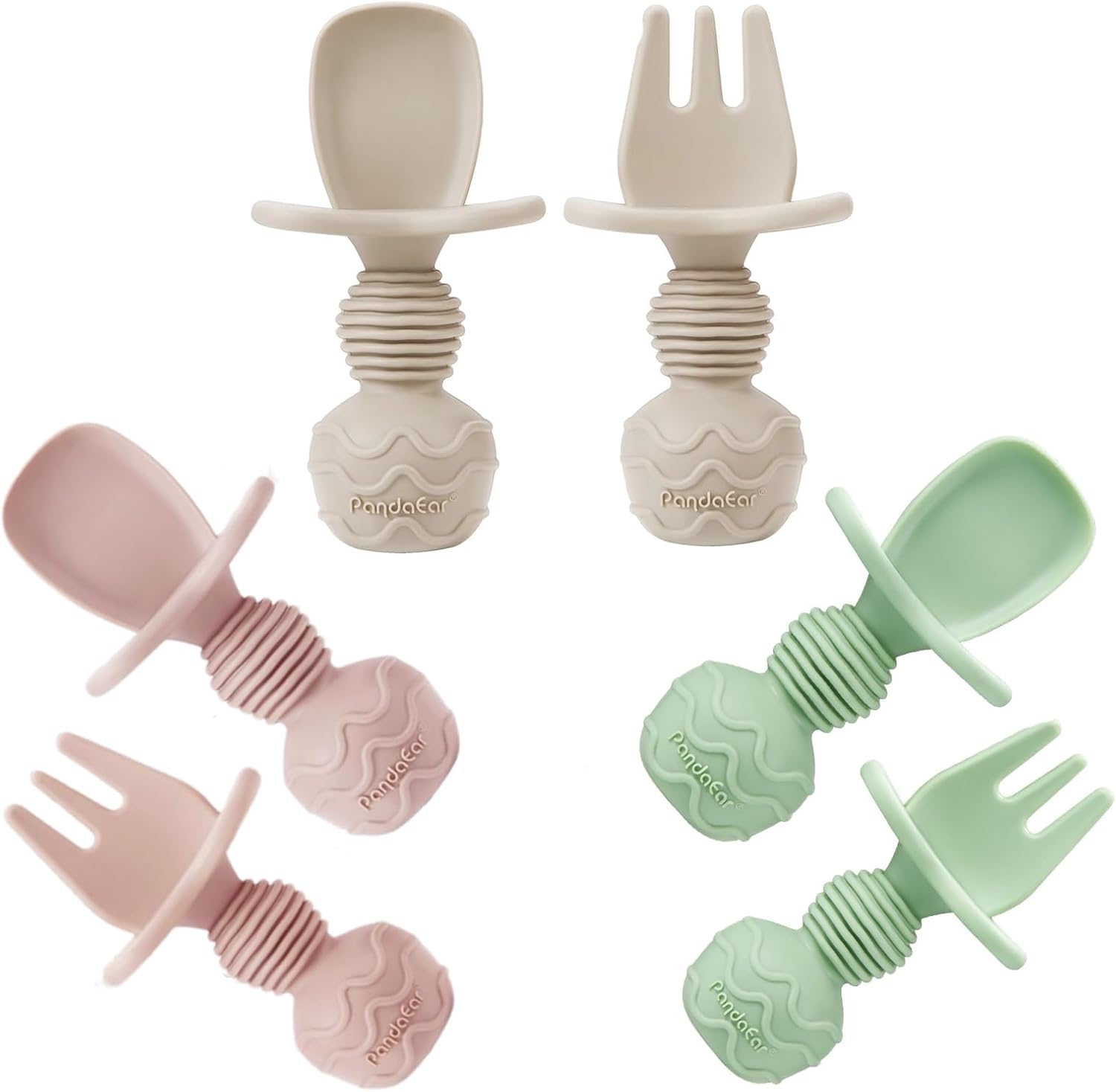 PandaEar 6 Pack Silicone Baby Spoons and Fork Feeding Set- Anti-Choke First Self Feeding Utensils for Baby Led Weaning Ages 3 Months (Pink, Green&Linen)