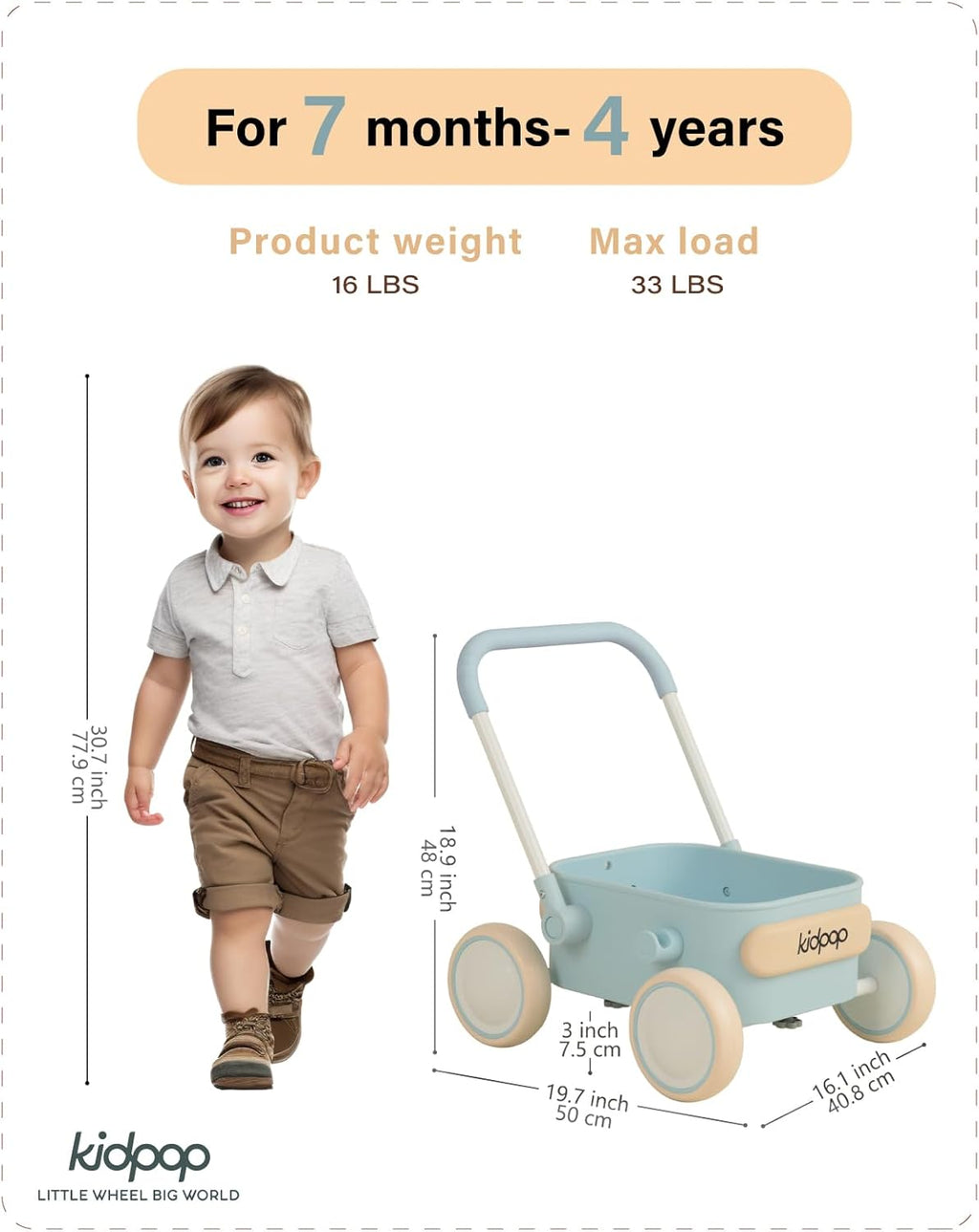 Kidpop PULA 2-in-1 Push and Pull-Along Wagon, Baby Push Walker for First Learner from 7 Month to 4 Year, One Year Birthday Gifts, Sturdy and Safe, Indoors and Outdoors (Blue)