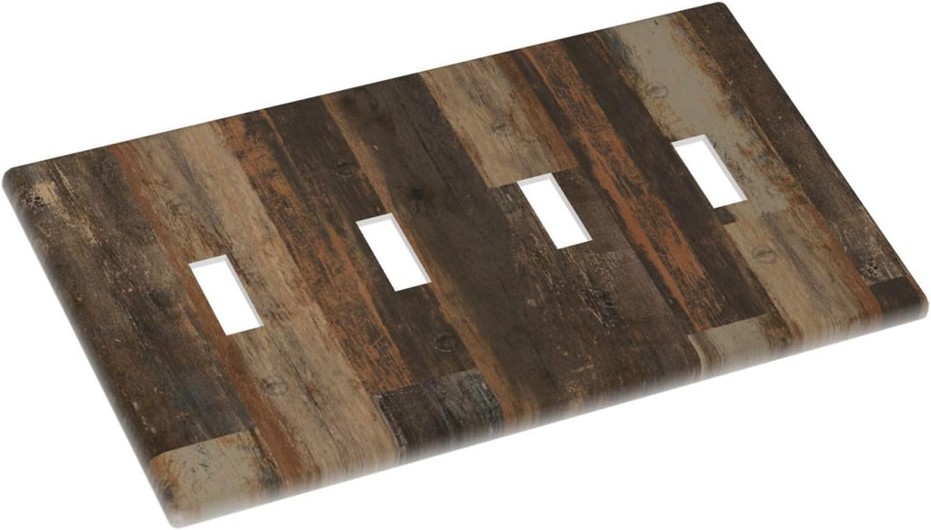 Rustic Brown Wood Grain Dark Oak Light Switch Covers Quad Toggle Electrical Faceplate 4 Gang Wall Plate Decorative Switch Plates for Farmhouse Home Decor