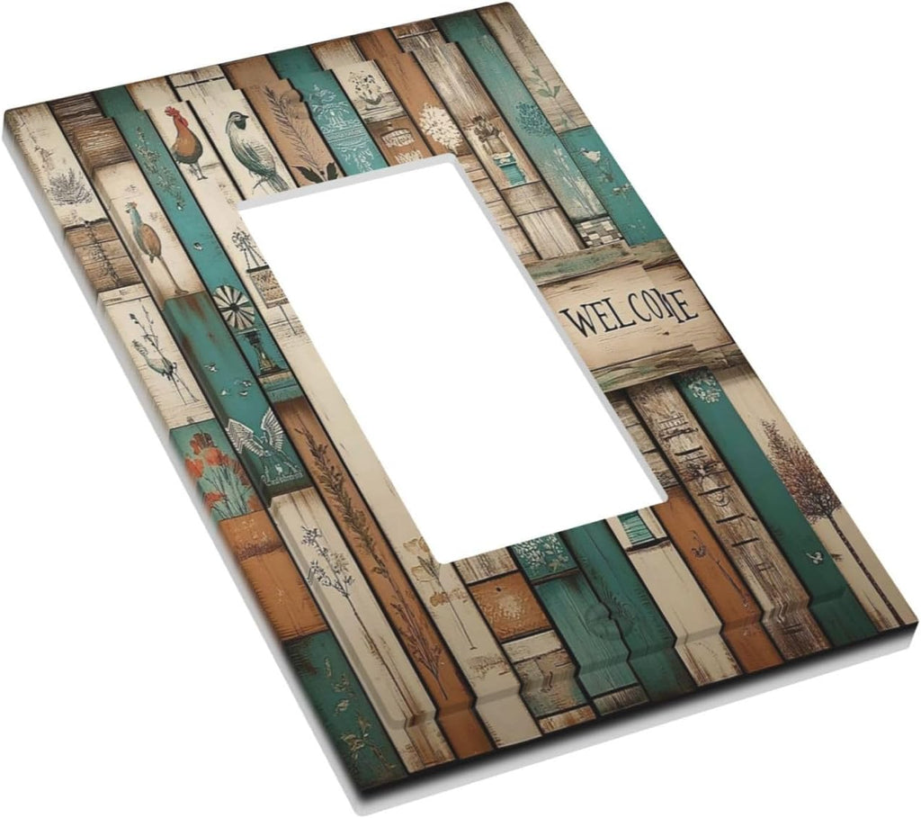 Decorative Outlet Covers Vintage Wood Brown Turquoise Splicing 1 Gang Single Rocker Light Switch Cover Plate Wall Plates Gfci Faceplate For Farmhouse Cabin Decor