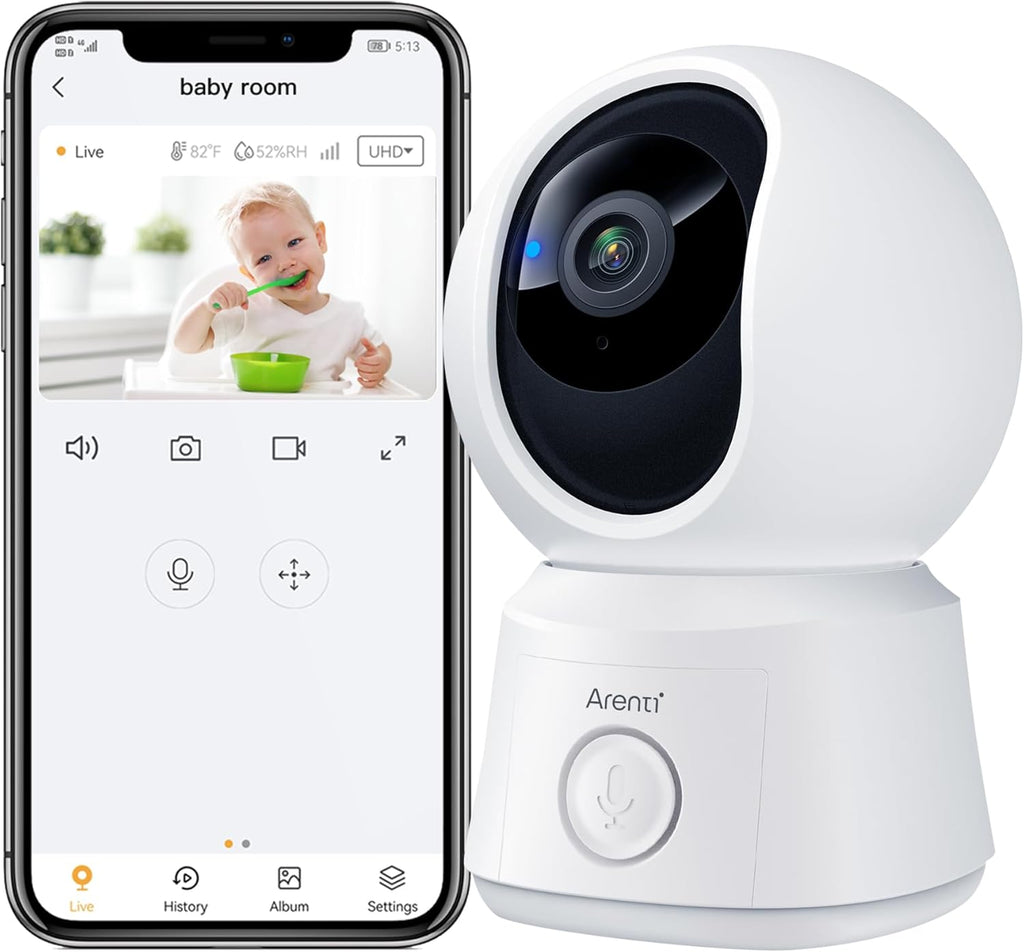ARENTI B2, 360° View Baby Camera for Pet/Nanny, 2.4g WiFi Only, Temperature Sensor, Sound & Motion Detection, 2 Way Audio, Night Vision, Works Screen2-No Light
