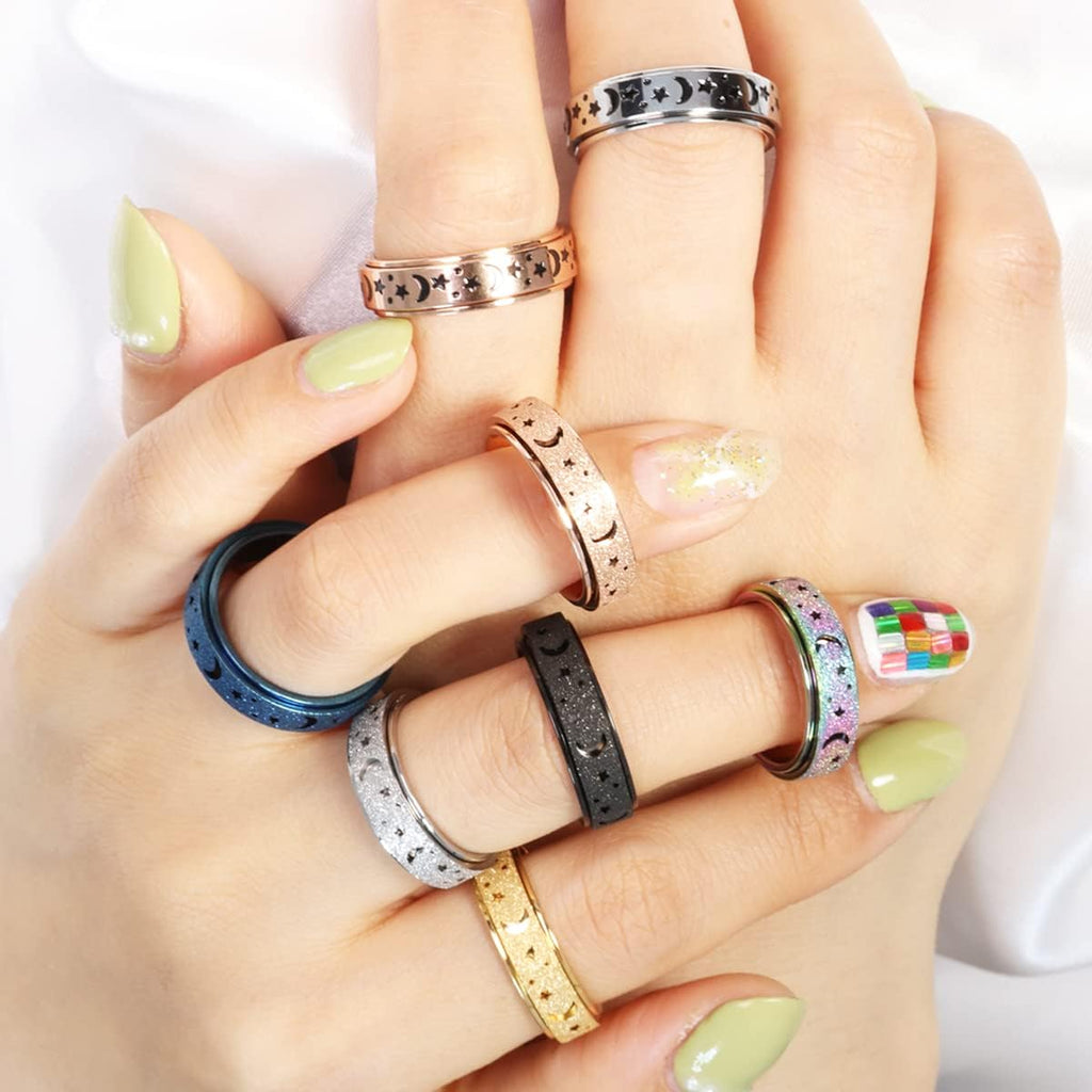 Anxiety Ring for Women Men, Titanium Stainless Steel Spinner Ring, 5 Colors, 6MM, Size 6-10, 3 Styles Anxiety Ring-Moon Star, Sandblasted Finished, Hollow Outer