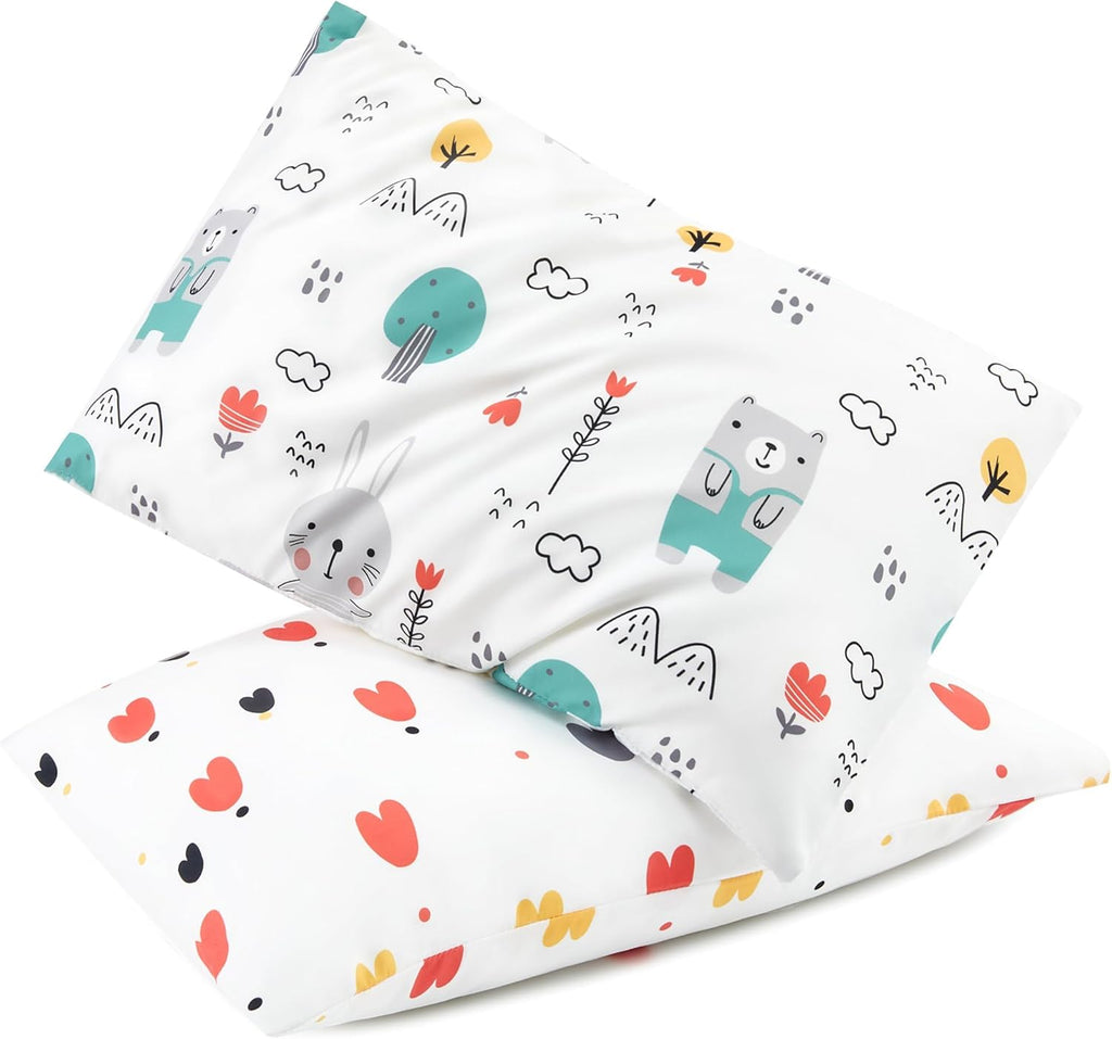 TILLYOU Toddler Pillowcase 2 Pack with Envelope Closure,Silky Soft Microfiber 13" x 18" Kids Travel Pillow Cases,Bib Bear & Colorful Love