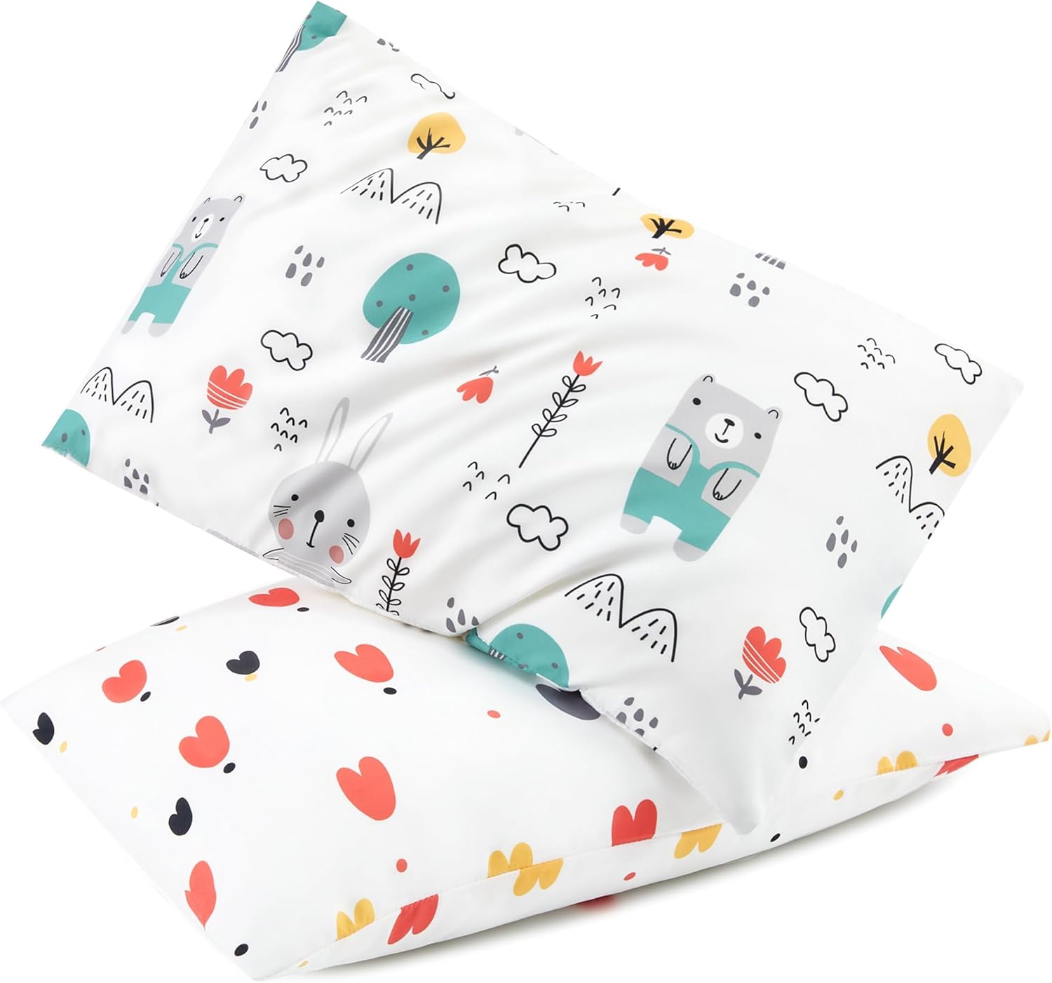 TILLYOU Toddler Pillowcase 2 Pack with Envelope Closure,Silky Soft Microfiber 13" x 18" Kids Travel Pillow Cases,Bib Bear & Colorful Love