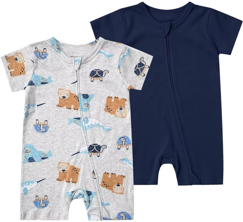 Teach Leanbh Unisex Baby 2 Pack Pajamas Cotton Short Sleeve 2 Way Zipper Printing Soild Romper Jumpsuit Sleep and Play
