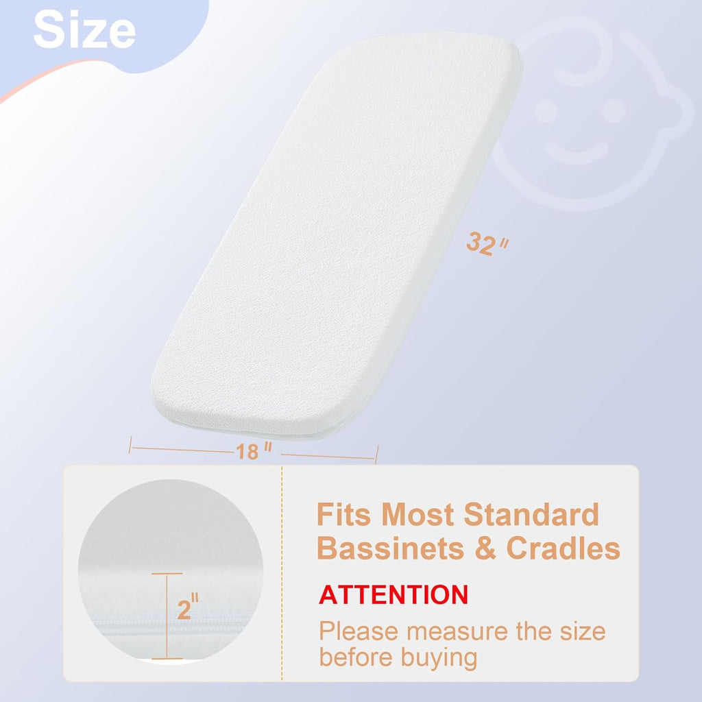 NeoBorn Baby Bassinet Mattress Pad, 32" x 18" Dual Sided Comfort Gel Memory Foam Mattress with Removable Breathable Soft Tencel Cover Fit for RONBEI/Ingenuity/Cuddor Baby Bassinet