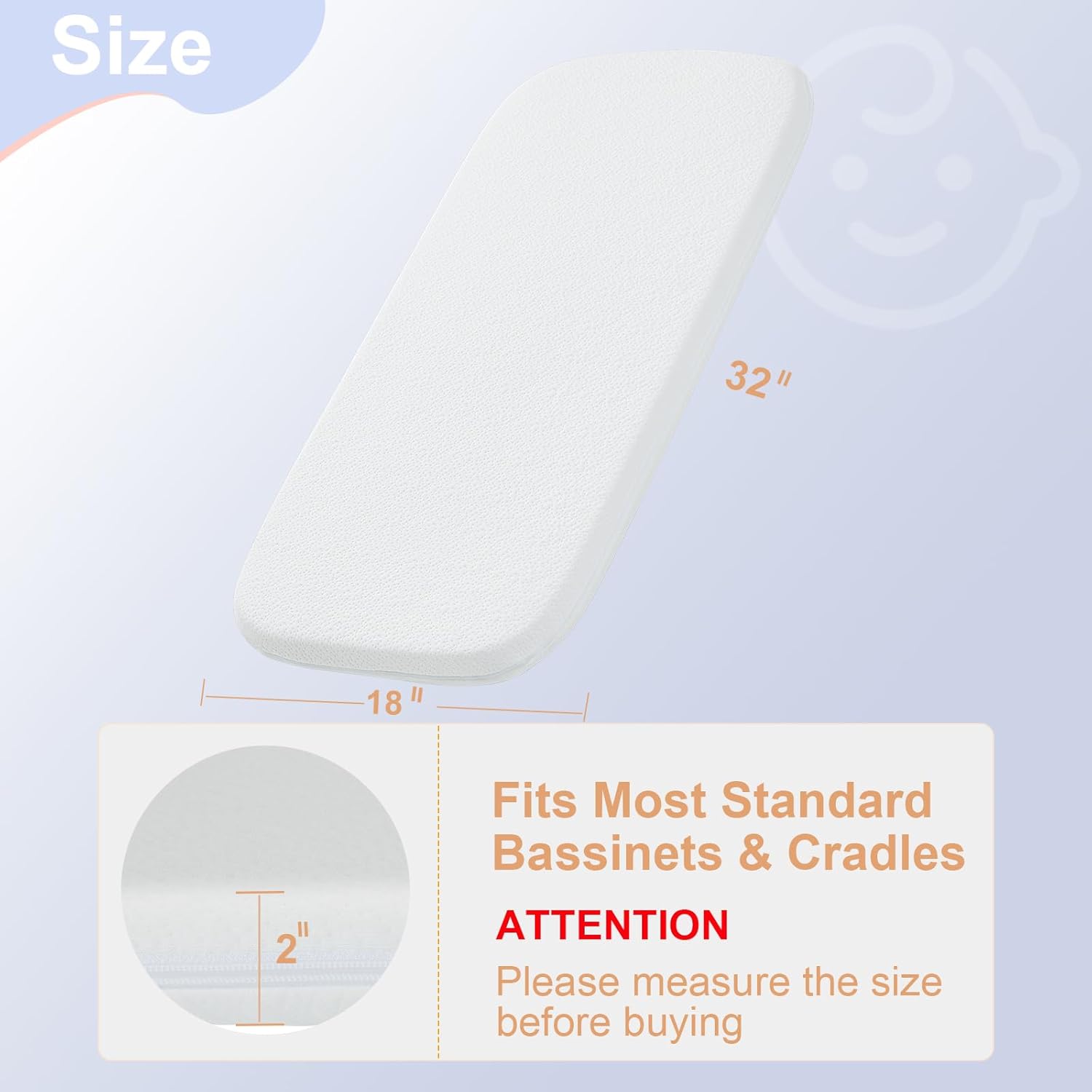 NeoBorn Baby Bassinet Mattress Pad, 32" x 18" Dual Sided Comfort Gel Memory Foam Mattress with Removable Breathable Soft Tencel Cover Fit for RONBEI/Ingenuity/Cuddor Baby Bassinet