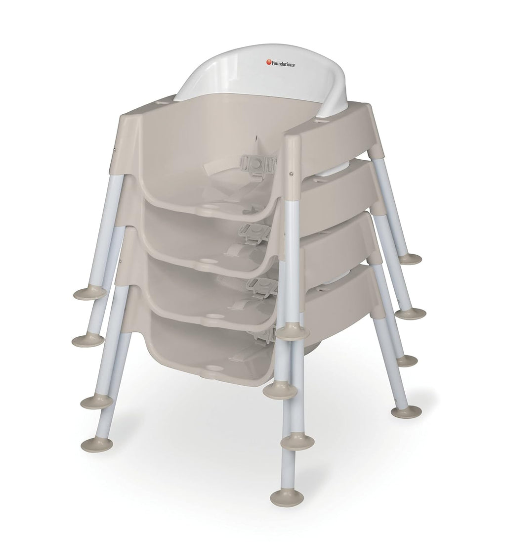 Foundations Secure Sitter 7" Feeding Chair, Stable “No Tip” Feet, 3-Point Adjustable Harness, Removable Tray, Easy to Clean, Smooth Plastic (White/Tan)