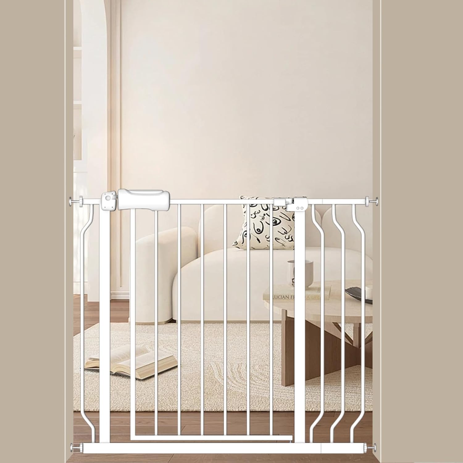 ALLAIBB Extra Wide Baby Gate Pressure Mount with Auto-Close, White Metal Safety Gate for Stairs & Doorways - Child Proof, Pet Barrier for Hallways, Kitchen, Living Room for 33.86-38.58 inch
