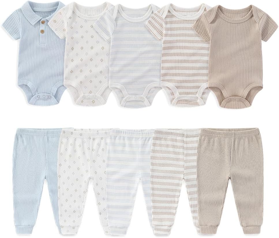 Kiddiezoom Newborn Baby Layette Set 10-Piece with Bodysuits and Pants Set for Unisex Baby Gift Sets