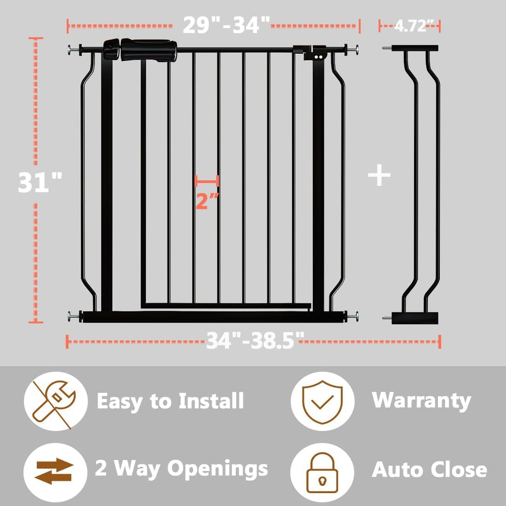 Fairy Baby Walk Through Baby Gate 34-38.5 Inch Wide, Pressure Mounted Safety Gate with Door No Drill, Tension Metal Gate for Dog and Toddler, Black