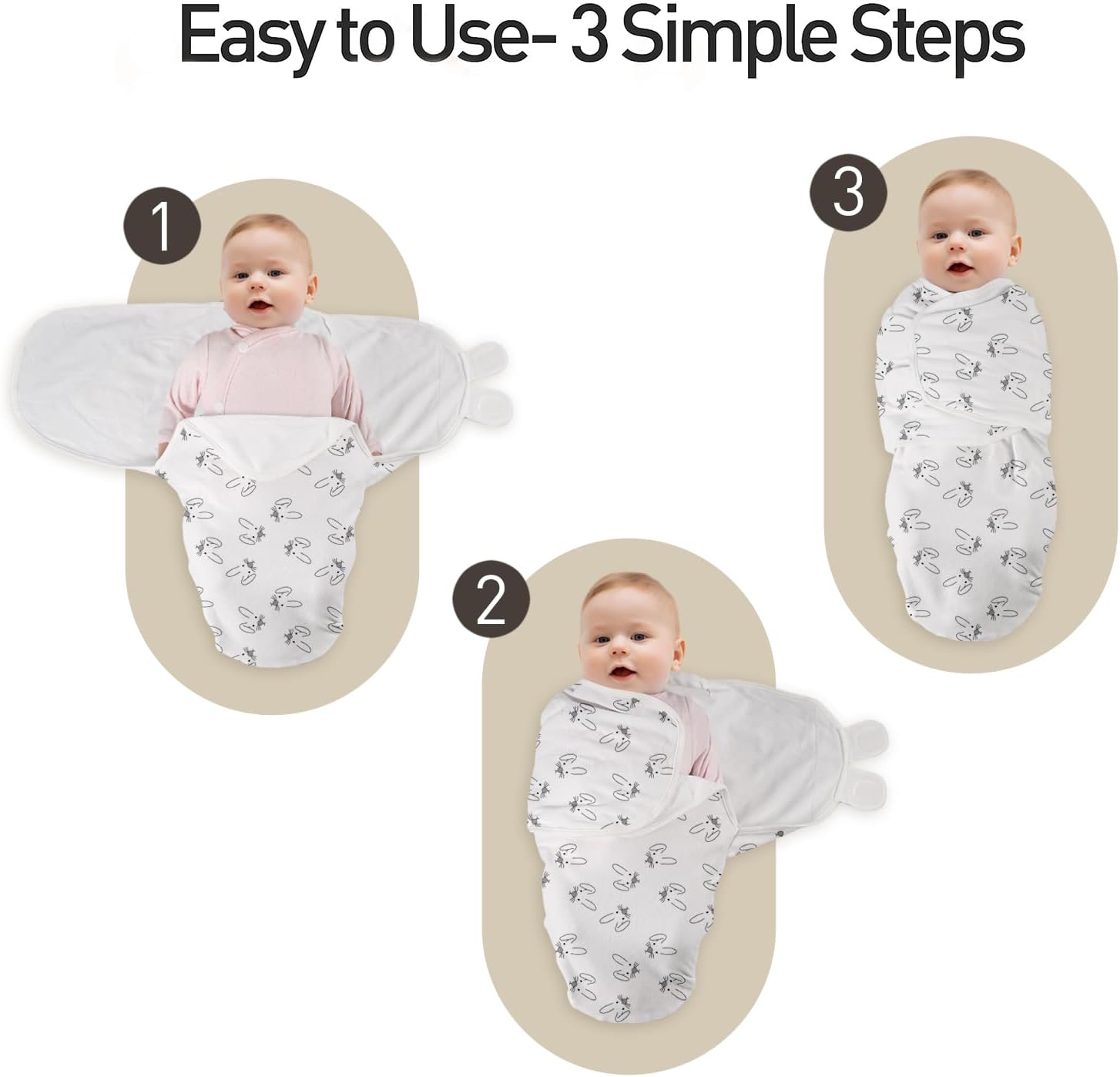 GLLQUEN BABY 3 Pack Newborn Swaddle - Baby Swaddle 0-3 Months for Baby Boys and Grils, Adjustable Sleep Sack for Newborns, Stripes & Bunnies, Swaddling Blankets