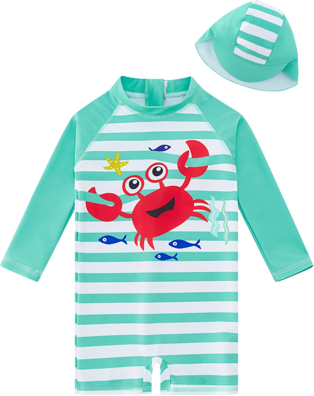 uideazone Baby Boys One Piece Swimsuit Long Sleeve UPF 50+ Rash Guard Bathing Suit Swimwear with Sun Hat 0-24 Months
