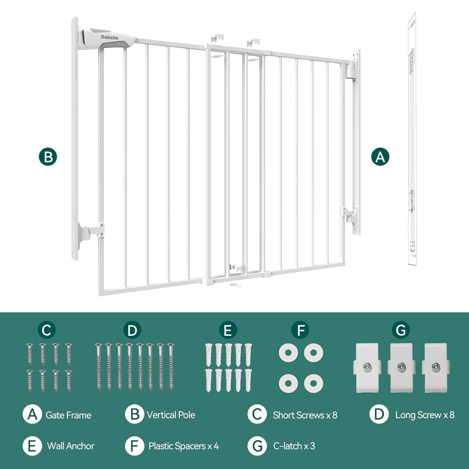 Babelio 27-45" No Bottom Bar Baby Gate with Easy Installation, 2-in-1 Auto Close Design, Suitable for The House, Stairs, and Doorways, Safety Pet Gates with Large Walk-Thru Door, White