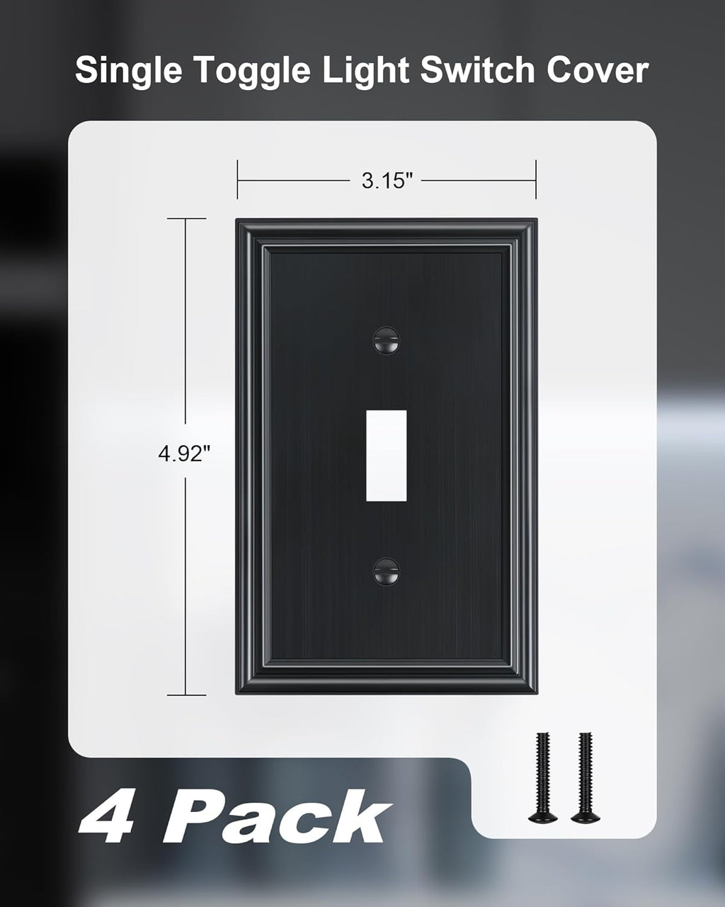 4-Pack Single Toggle Light Switch Cover Plate, Durable Solid Zinc Alloy Decorative Switch Plate Covers, Black 1 Gang Wall Plate, Corrosion Resistant