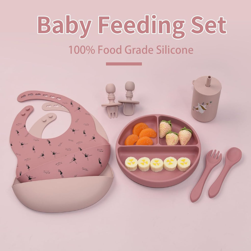Silicone Baby Feeding Set, Baby Led Weaning Supplies, Baby Spoons Suction Divided Plate Bib Cup, First Stage Solid Food Eating Utensils - 6+ Months(Pink-Red)
