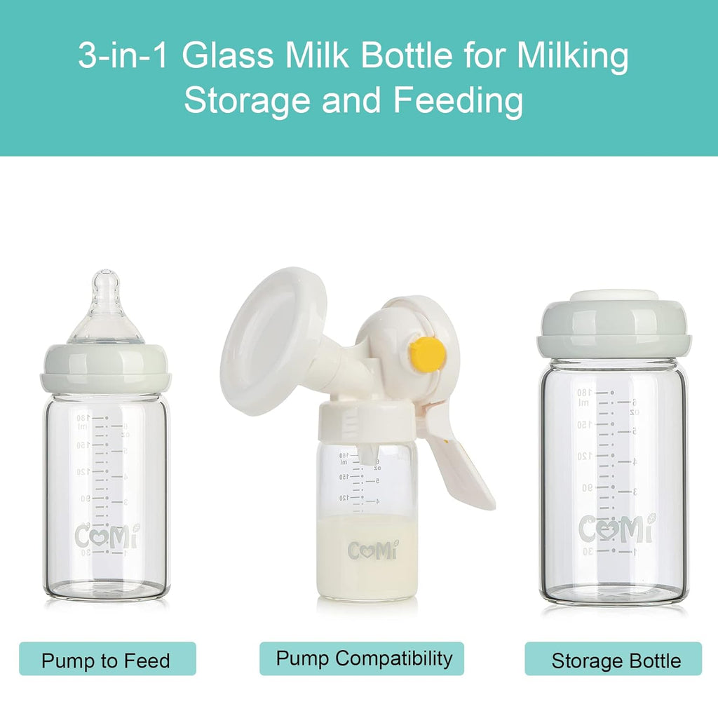 COMI Wide Neck Glass Breastmilk Collection n Storage Bottle, 6oz with Screw Ring Sealing Disk; Re-markable Sealing Disc. BPA Free, Fits Breast Pumps & Nipples (Gray Lids)