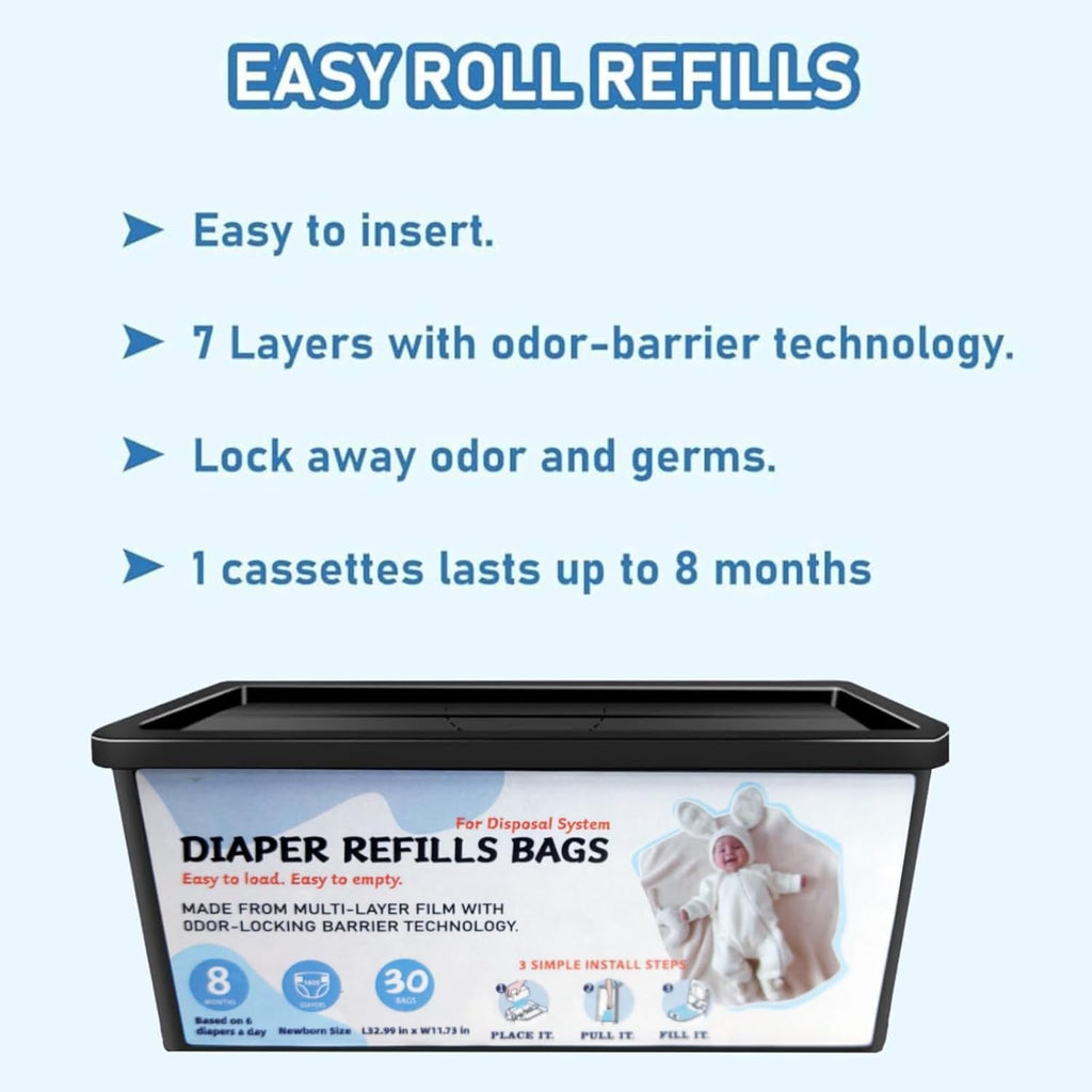 Diaper Pail Refills Bags with 30 Bags, Compatible with Genie Easy Roll Signature Diaper Pail and Platinum Diaper Pail, 7-Layer Odor-Barrier Technology, 3 Pack (90 Bag)
