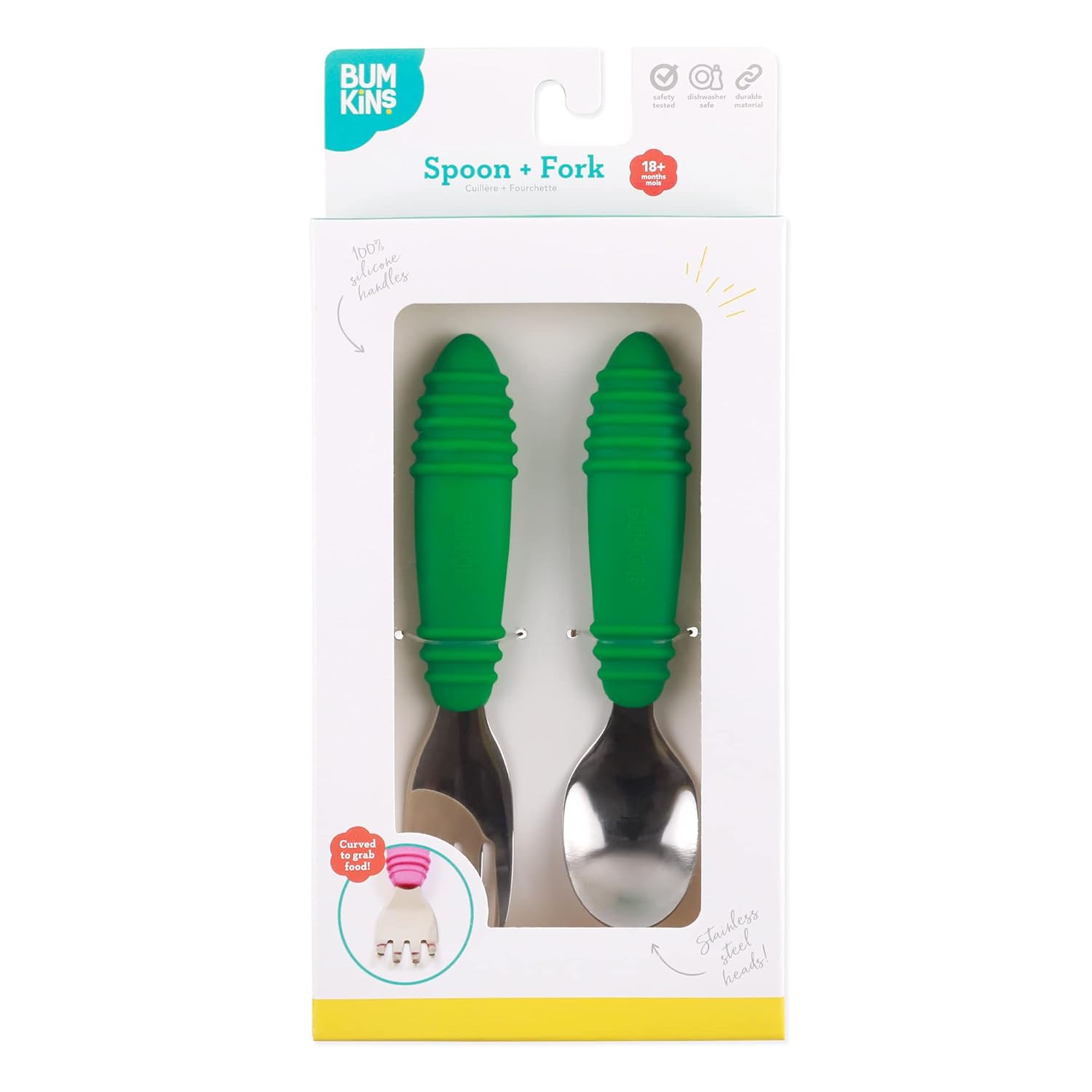 Bumkins Toddler Utensils, Kids Size Fork and Spoon Set, Silicone and Stainless-Steel Training Silverware, Fork / Spork for Self-Feeding, Children Hold Learning to Eat, 18 Months Up, Jade Green