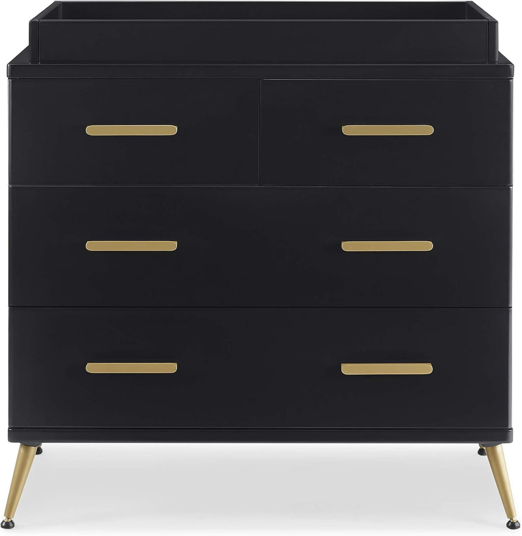 Delta Children Sloane Crib 7-Piece Baby Nursery Furniture Set–Includes: Convertible Crib, Dresser, Changing Top, Crib Mattress, Fitted Sheets, Toddler Guardrail & Changing Pad, Black w/Melted Bronze