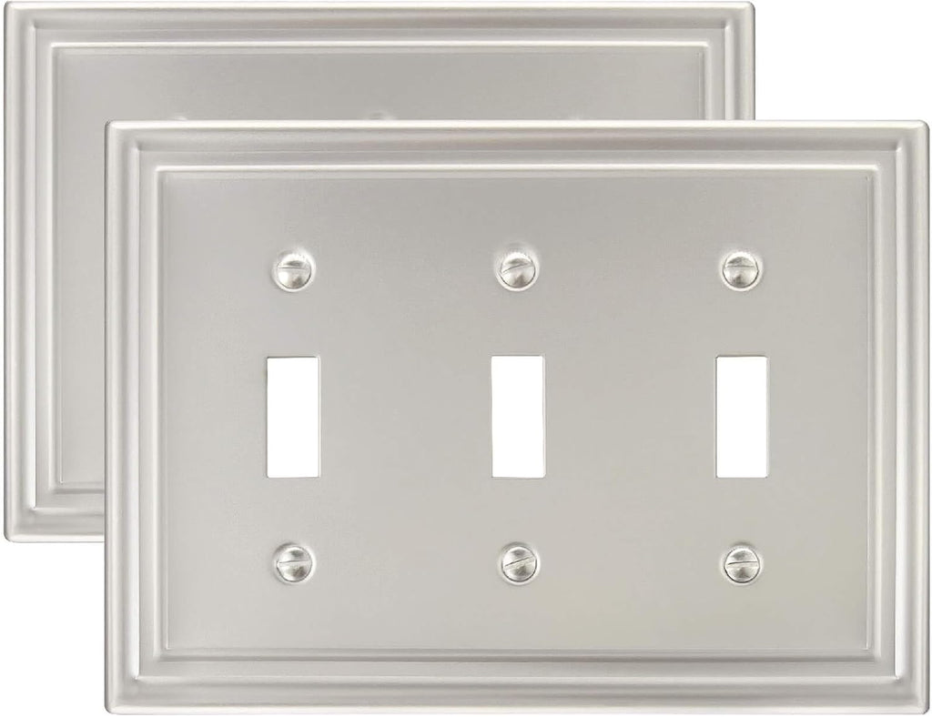 2-Pack Triple Toggle Wall Plate, Satin Nickel Light Switch Cover, Metal Switch Covers Wall Plate, Midsize, A035 Series