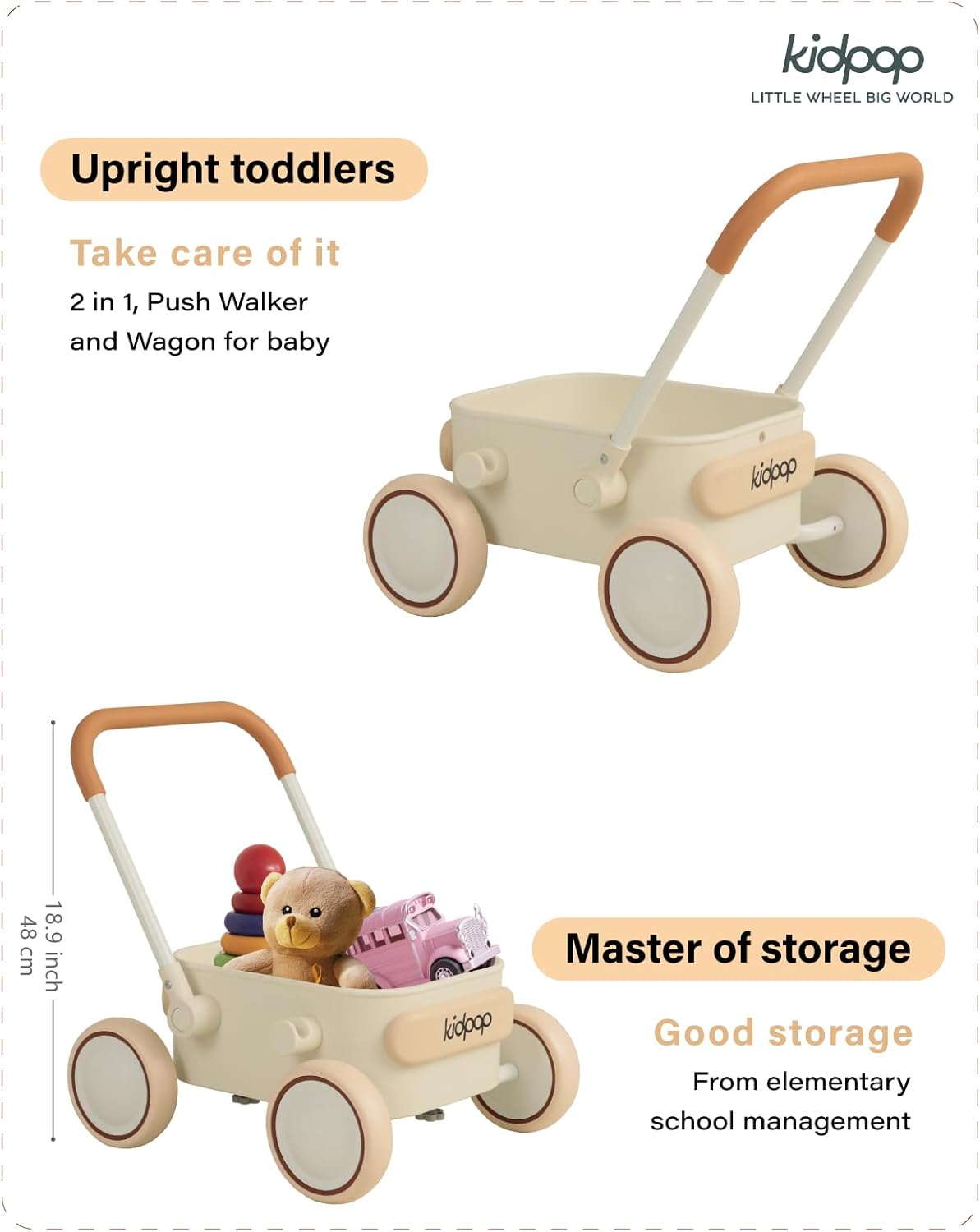 Kidpop PULA 2-in-1 Push and Pull-Along Wagon, Baby Push Walker for First Learner from 7 Month to 4 Year, One Year Birthday Gifts, Sturdy and Safe, Indoors and Outdoors (White)